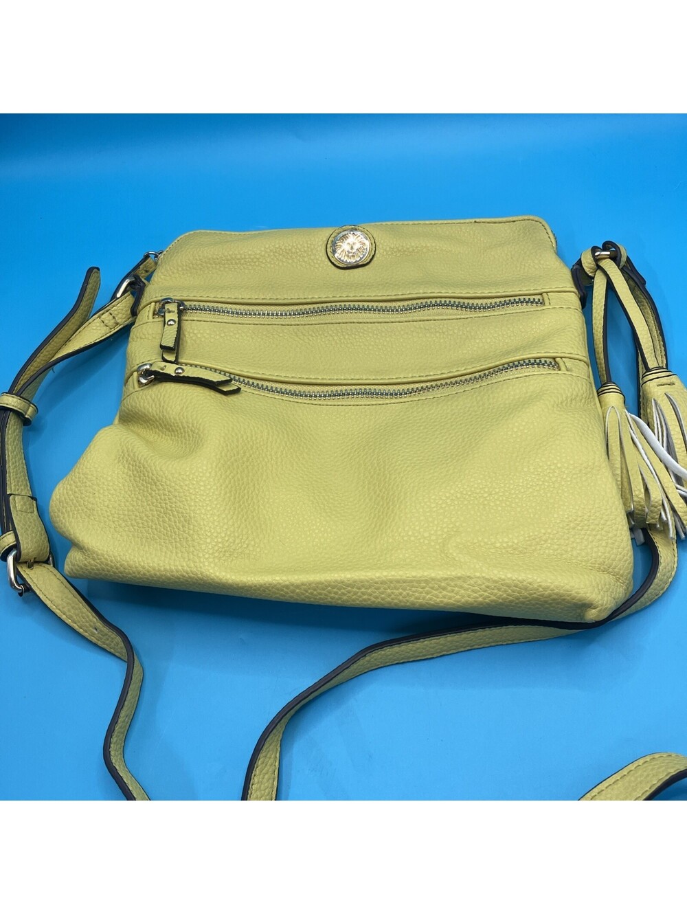 Anne Klein Lemon Yellow Crossbody Bag W/Tassels Multi-Pocket Faux Leather